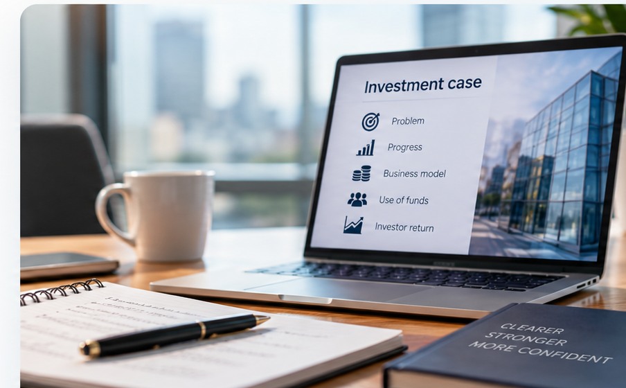 An investment case displayed on a laptop beside pitch review notes