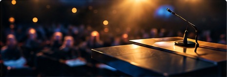Presentation lectern and microphone before an audience